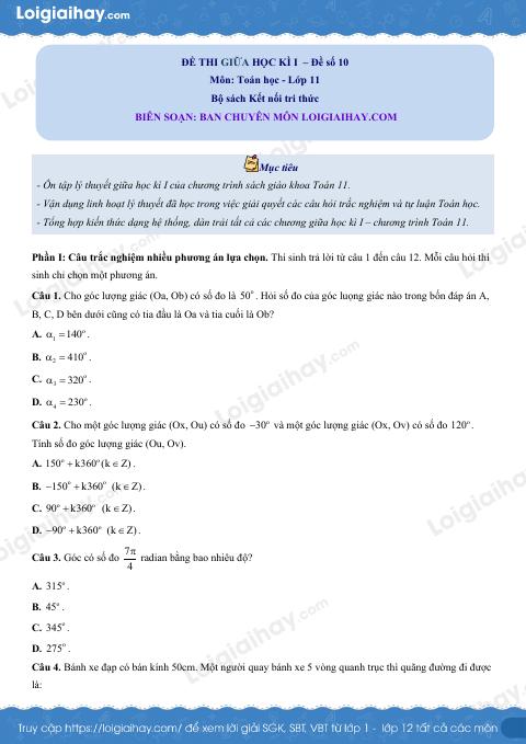 Đề thi giữa kì 1 Toán 11 Kết nối tri thức - Đề số 10